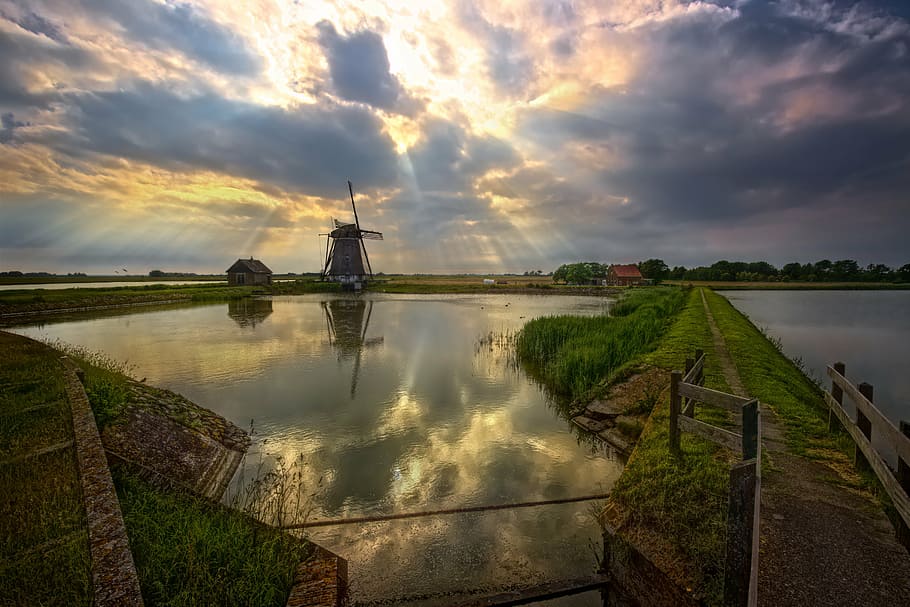 body, water, blue, sky, windmill, texel, netherlands, holiday, pond, dike