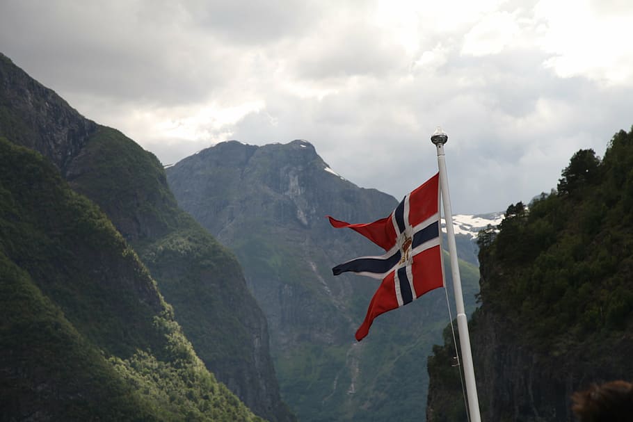 norway, the national flag, fjord, mountain, woods, patriotism, flag, cloud - sky, sky, environment