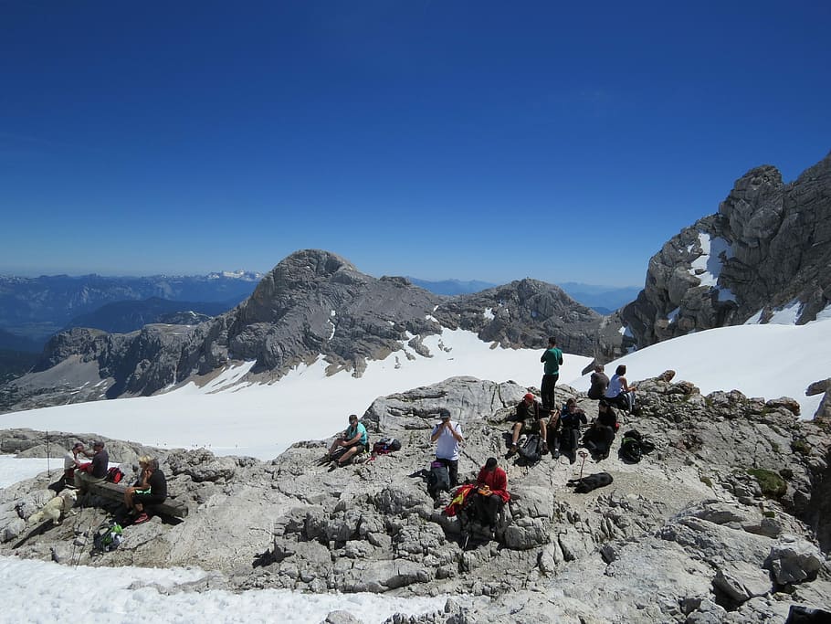 mountains, mountaineering, climb, climber, height, snow, austria, dachstein, view, people