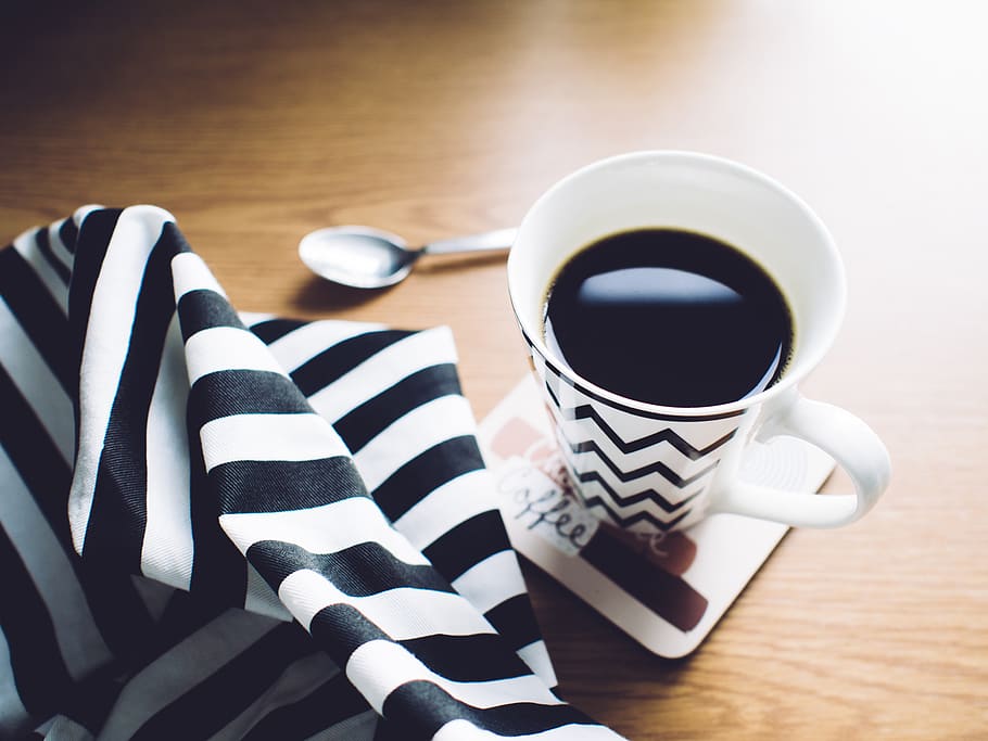 coffee, morning, drink, cup, table, refreshment, striped, mug, indoors, coffee cup