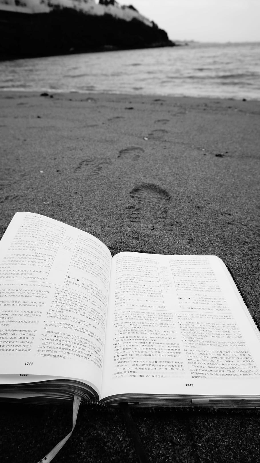 sand, beach, outdoors, footprints, sea, bible, peaceful, relaxation, black and white, christian