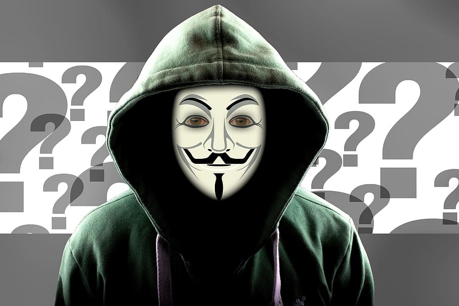 person, wearing, guy fawkes mask illustration, question mark, hacker, attack, mask, internet, anonymous, binary