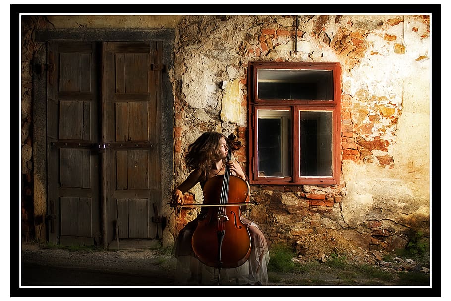 Mujer, jugando, pintura de violonchelo, retrato, persona, cara, gato, ojos, ternura, antiguo edificio
