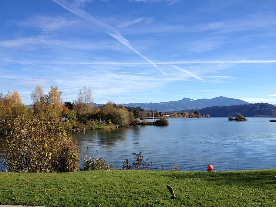 Lago Zurique, Suíça, Vista, sanderson, outono, vista distante, jona, natureza, contrail, cantão de são galo