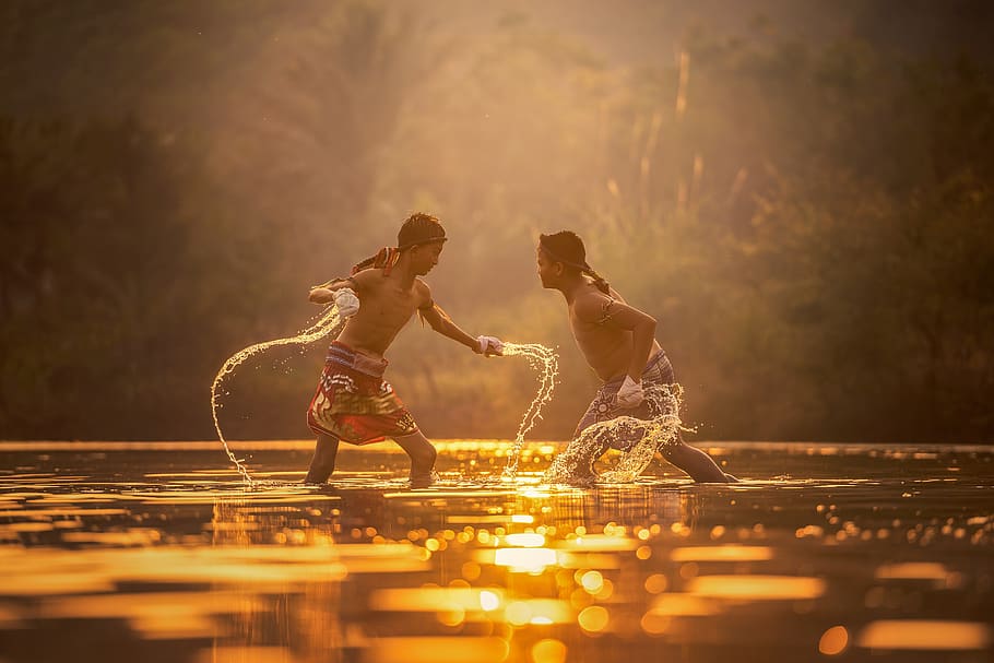 boxing, asia, children, attack, boys, water, sunset, sports, fight, violence
