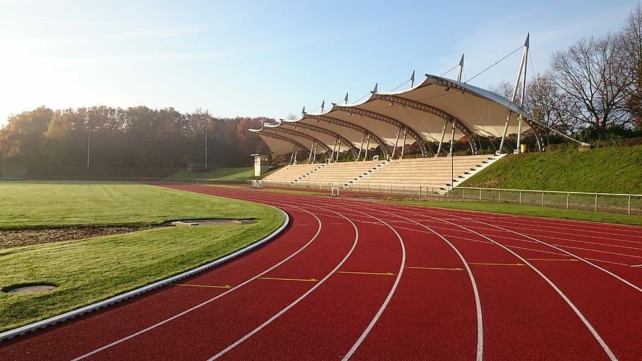 beige, bench, race track, daytime, Stadium, Tartan Track, Oval Track, architecture, grandstand, roof