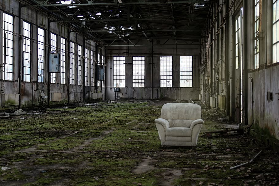 white fabric armchair, ruin, hall, lapsed, decay, leave, old factory, chair, sit, abandoned