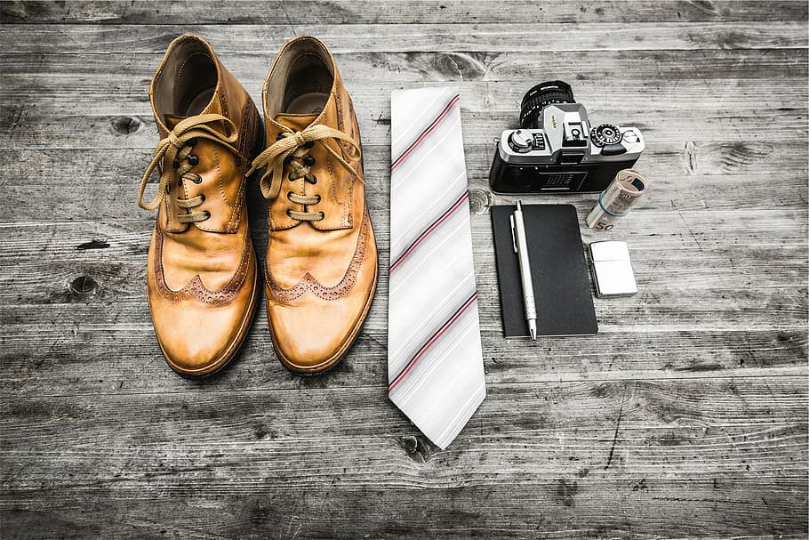 pair, brown, leather shoes, white, striped, necktie, gray, slr camera, oxford, high