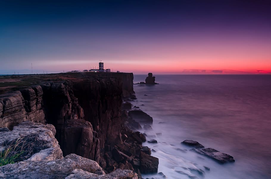 rock formation, body, water, sunset, coast, cliffs, lighthouse, beacon, warning, light