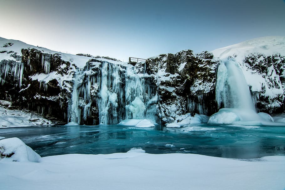 frozen, waterfalls, iceland, winter, snow, ice, cold, zing, water, nature