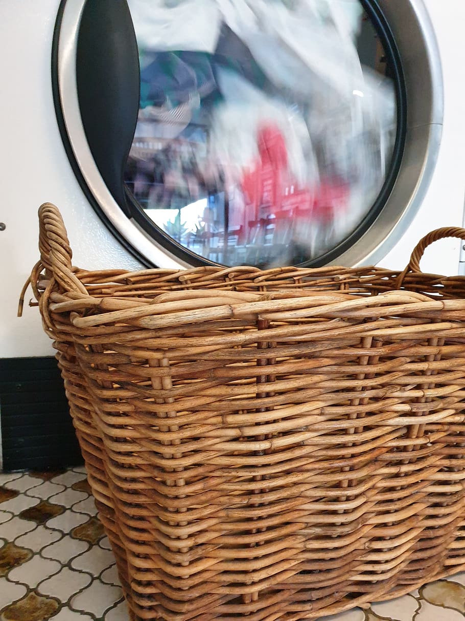 dryer, laundry, laundromat, launderette, container, basket, wicker, indoors, glass - material, close-up
