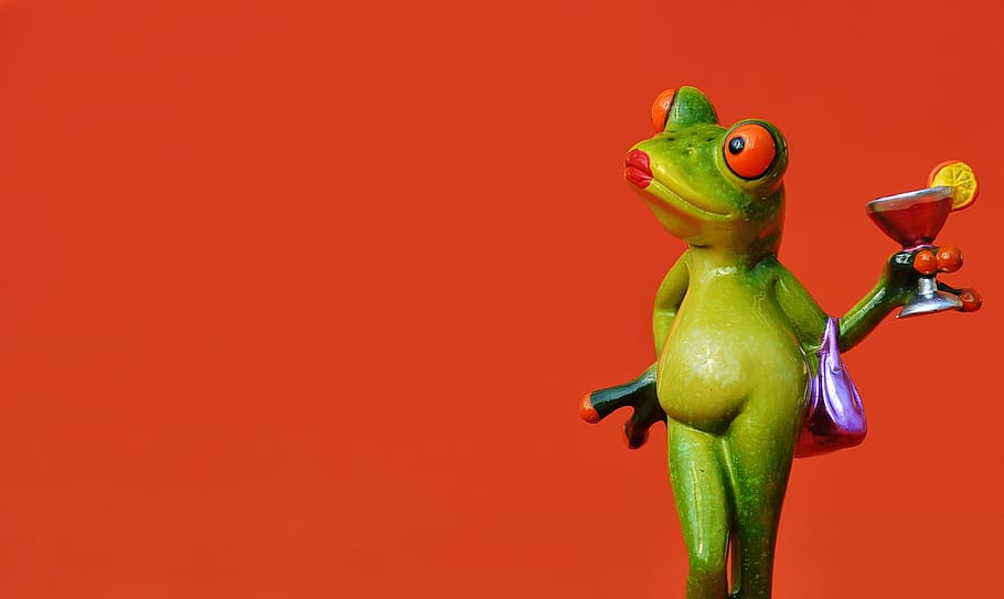 red-eyed tree frog illustration, frog, chick, lady, arrogant, cocktail, funny, green color, studio shot, representation