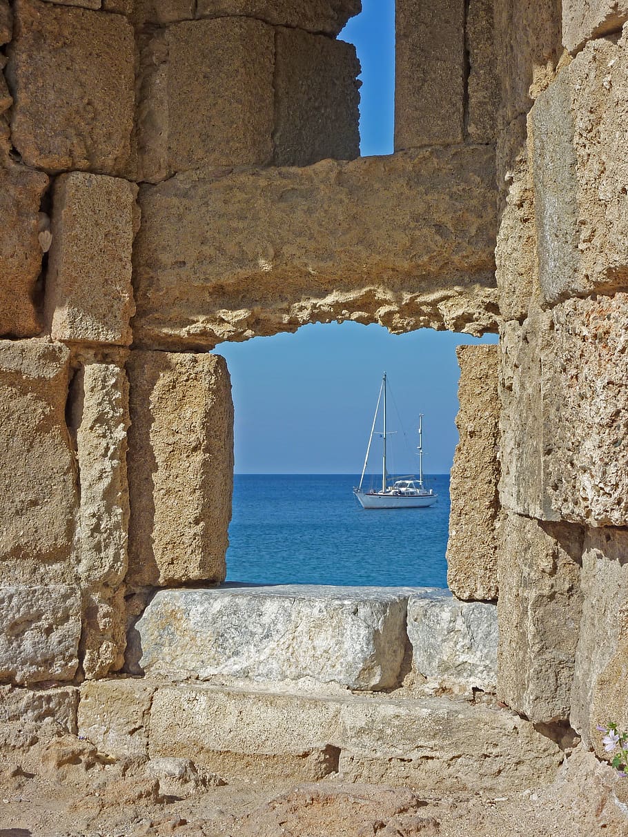 stone wall, sea, boat, water, summer, himmel, greece, wall, window, architecture