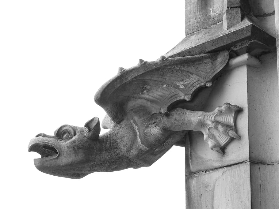 architectural, photography, gray, dragon, concrete, statue, architectural photography, gargoyle, mythical creatures, water