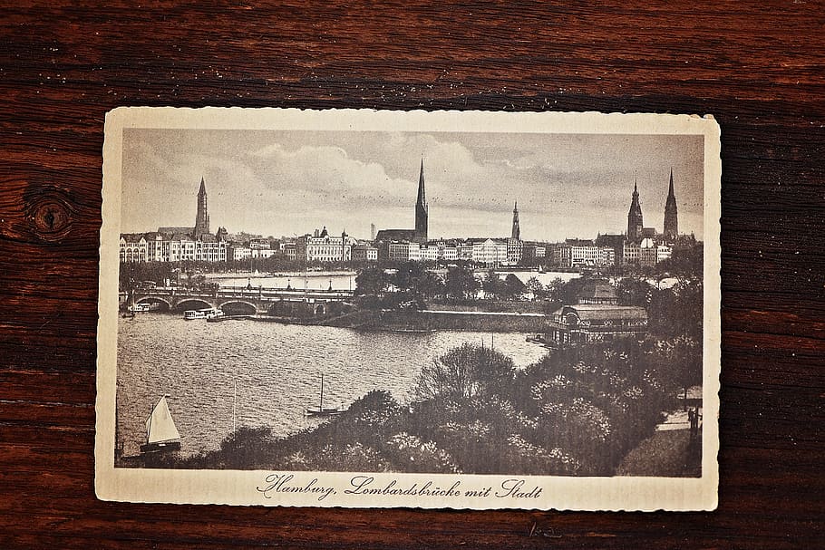 grayscale photo, city, brown, surface, postcard, hamburg, old, antique, vintage, worn