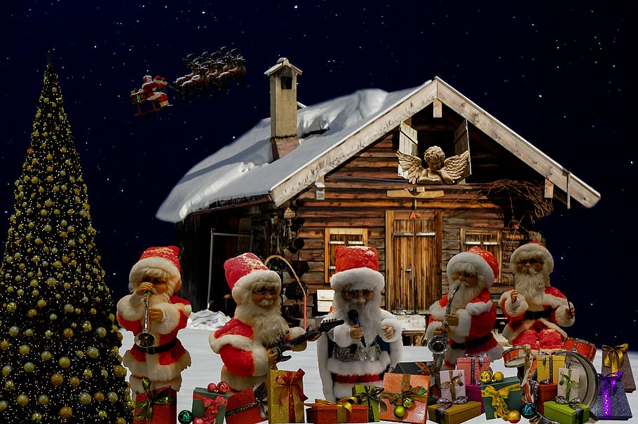santa claus ornaments, christmas, christmas greeting, santa clauses, santa claus, nicholas, christmas sleigh, christmas motif, photo montage, gifts