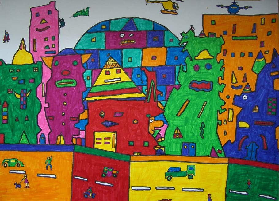painted, colorful, color, james rizzi, inspired, student work, felt tip pens, multi colored, full frame, creativity