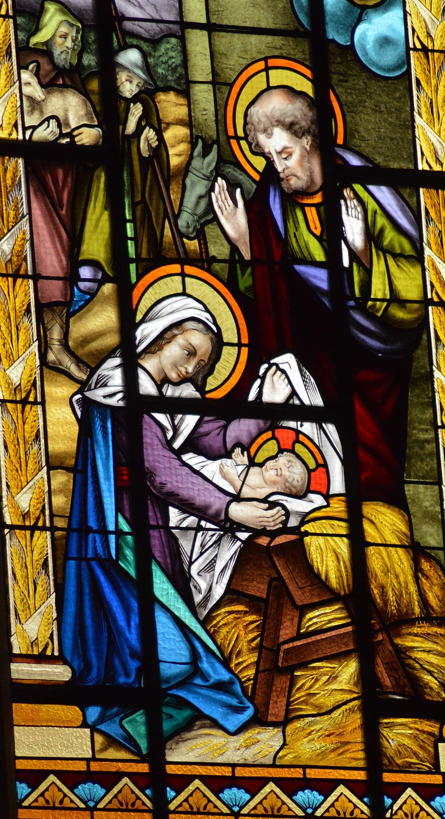 stained glass, nativity, christmas, birth, baby, jesus, mary, joseph, parents, barn