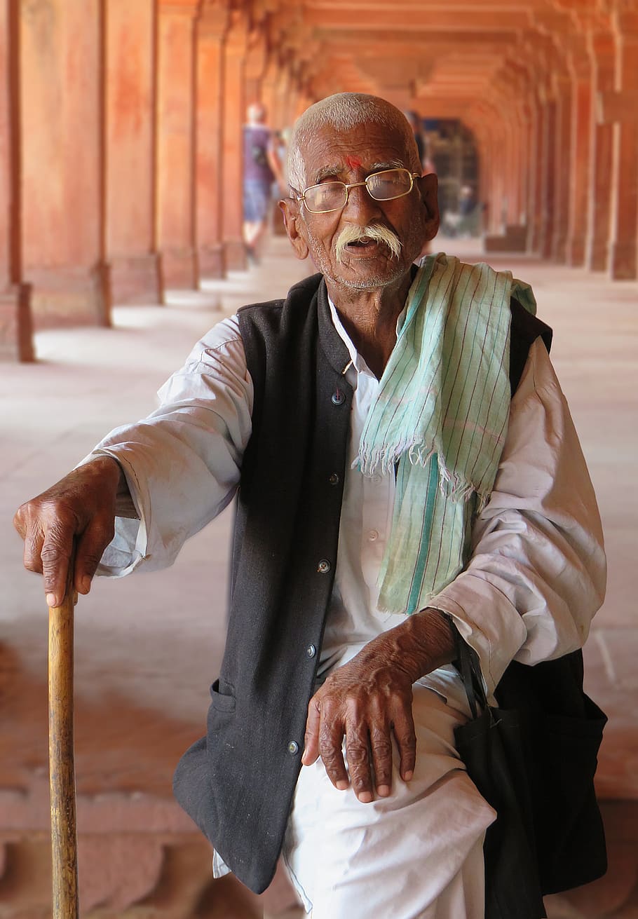 indians, old man, sitting, old, portrait, male, human, india, satisfied, walking stick