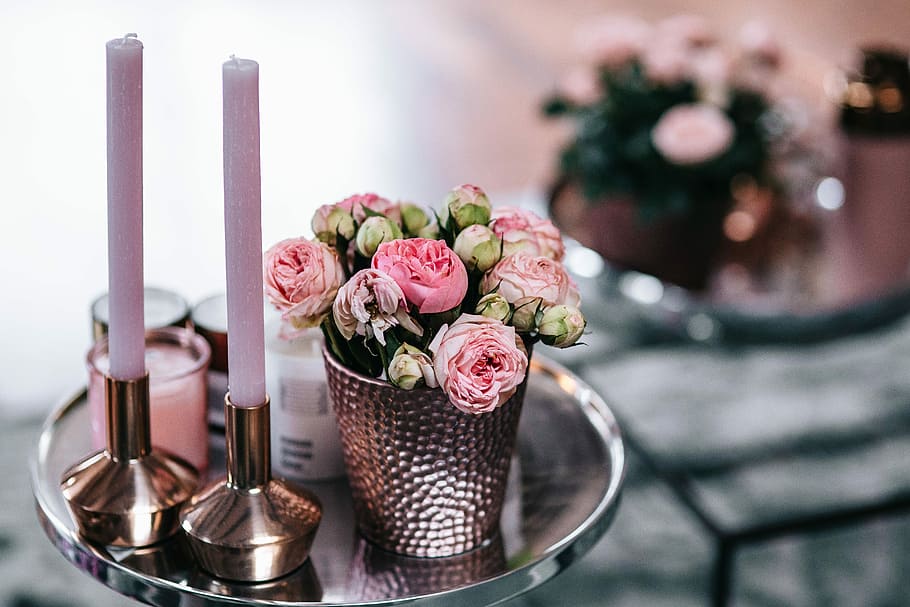 meja samping, warna merah muda, dekorasi, meja, bunga, mawar merah muda, dekorasi rumah, bunga-bunga indah, glamor, hidangan penutup