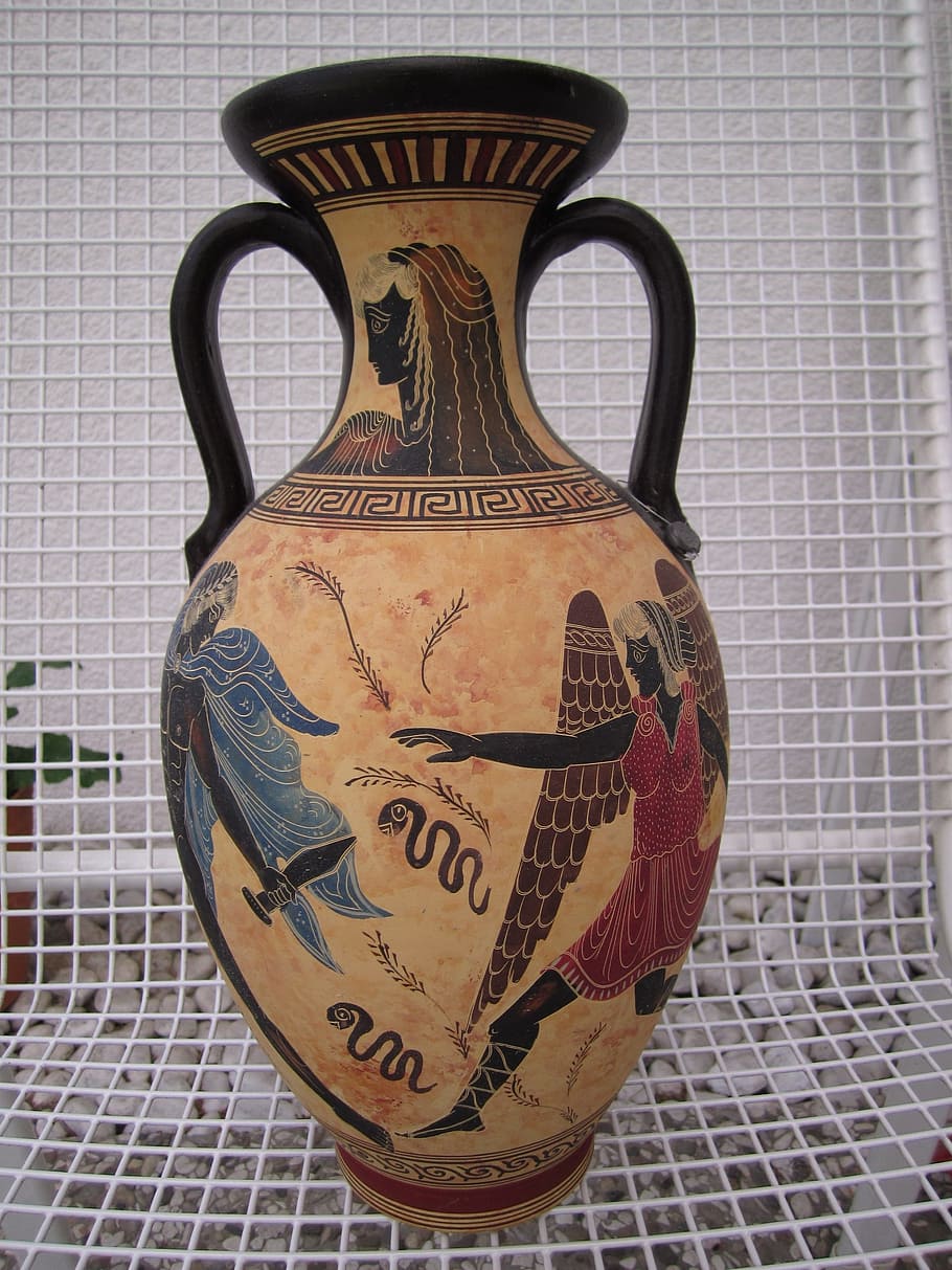 vase, greece, art, mythology, indoors, art and craft, close-up, text, pattern, still life