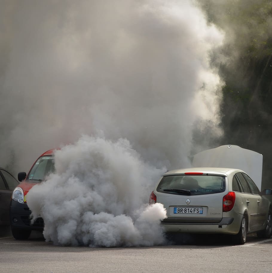vehicle, blowing, smoke, parking area, red, car, non, panne, bad luck, uitaatgassen