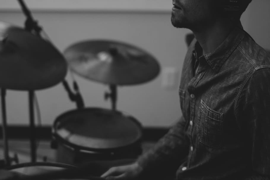 grayscale photo, man, playing, drums, drummer, cymbals, drum kit, drum, kit, percussion