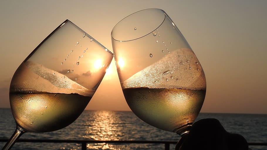 wine glass, sunset, relax, romantic, water, drink, refreshment, alcohol, food and drink, glass