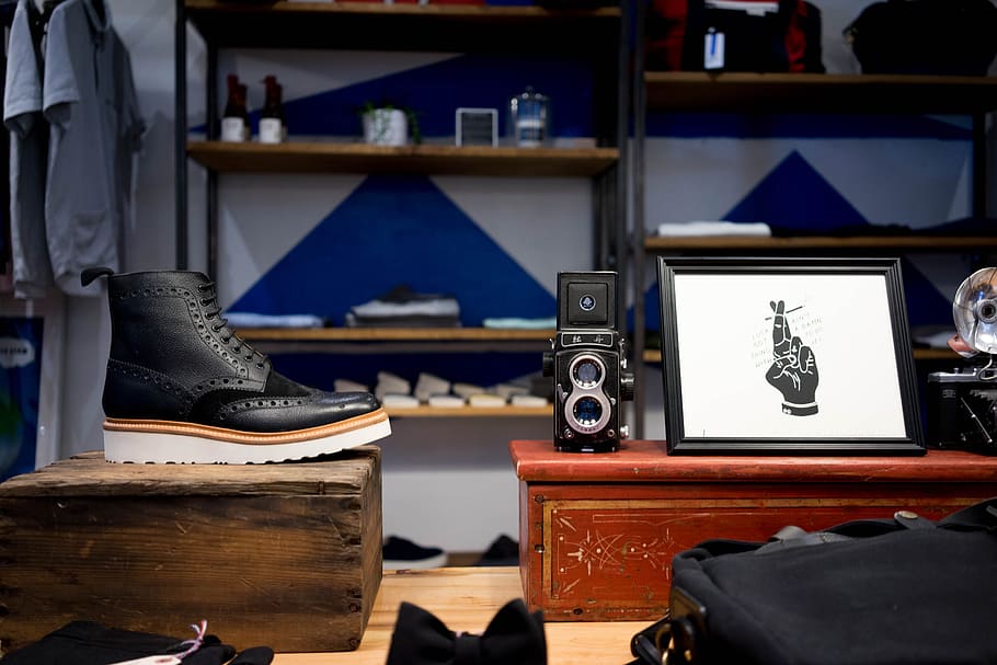 sapatos, cadarço, preto, couro, design, arte, alto-falantes, produtos, para venda, loja