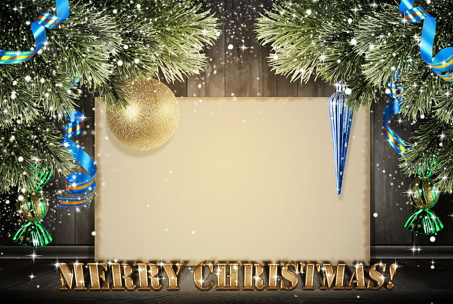 adorno de color dorado, feliz, superposición de texto de navidad, navidad, año nuevo, postal, fondo, madera, árbol de navidad, bolas