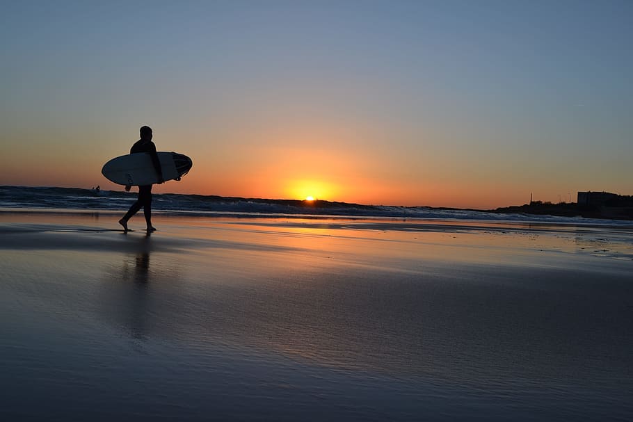 silhouette, person, holding, board, sunset, beach, surf, sea, people, nature