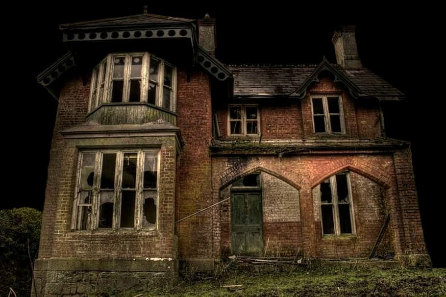 abandonado, casa, árbol, noche, escalofriante, embrujado, estructura construida, arquitectura, exterior del edificio, edificio