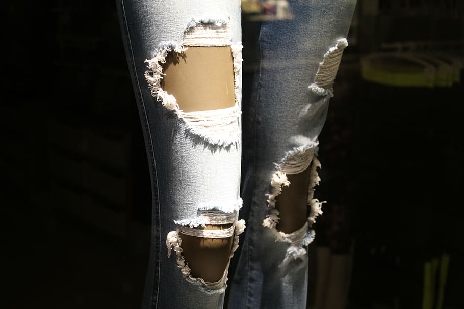 jeans desgastados, jeans, jeans rotos, piernas, maniquí, tienda, escaparate, moda, mujer, ropa