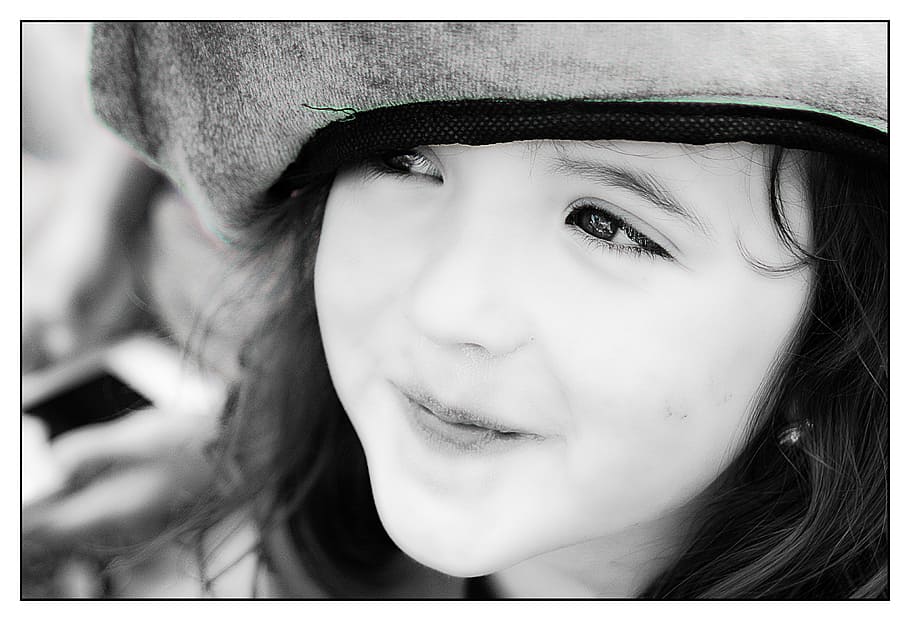 gray, scale photography, girl, wearing, hat, gray scale, photography, portrait, face, black and white