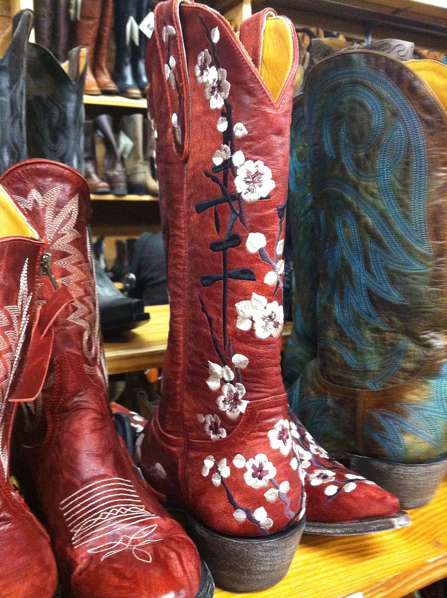 botas, vaquero, vaquera, rojo, rodeo, rancho, occidental, desgaste, país, pie