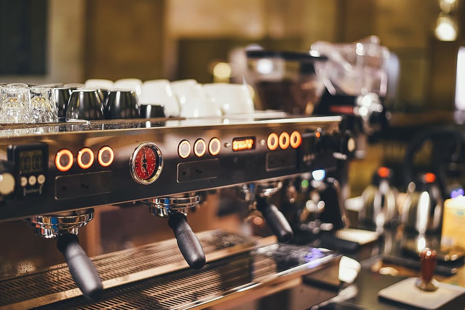 selektif, foto fokus, abu-abu, mesin espresso, kopi, mesin kopi, pembuat kopi, cangkir, kedalaman bidang, mug