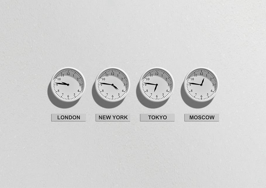 four, round, white, analog wall clocks, business, time, clock, clocks, stock exchange, watch