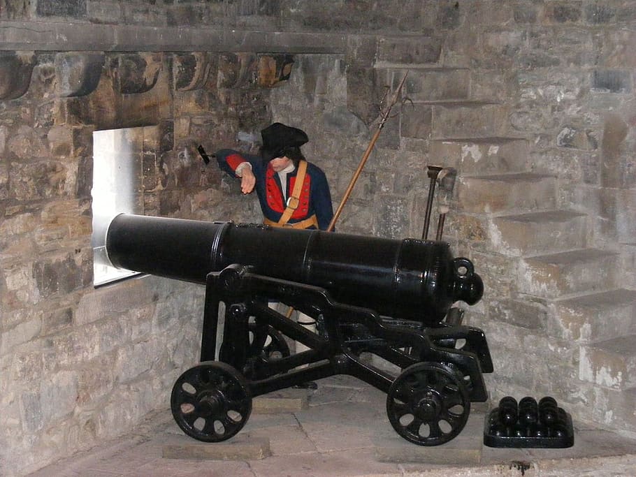cannon, gun, battlements, castle, artillery, barrel, warfare, full length, one person, weapon