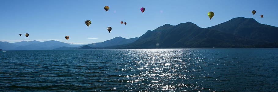 travel, holidays, vacations, sport, adventure, hot air balloon ride, mountains, lake, lago maggiore, morgenstimmung