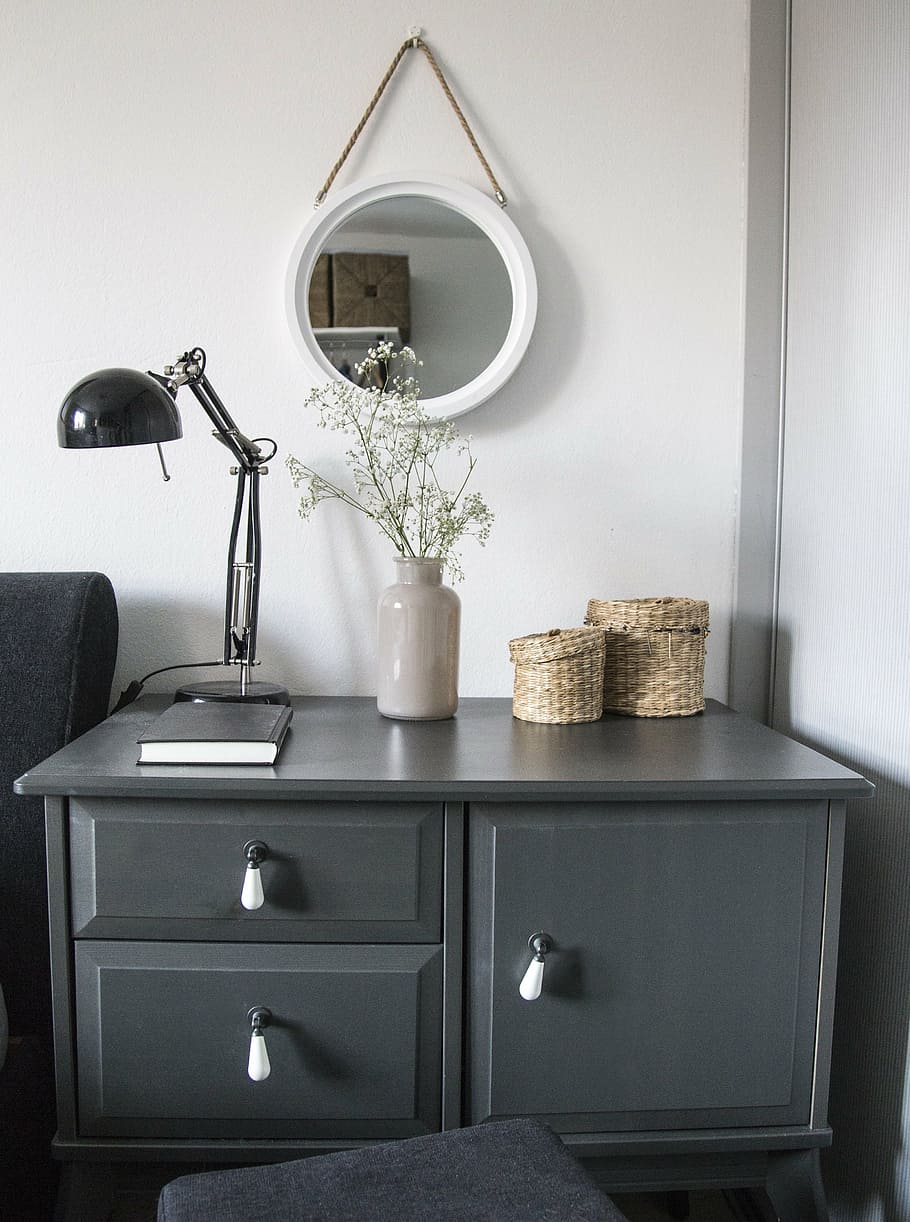 black, gooseneck table lamp, gray, wooden, drawer, home, room, bedroom, vase, bed