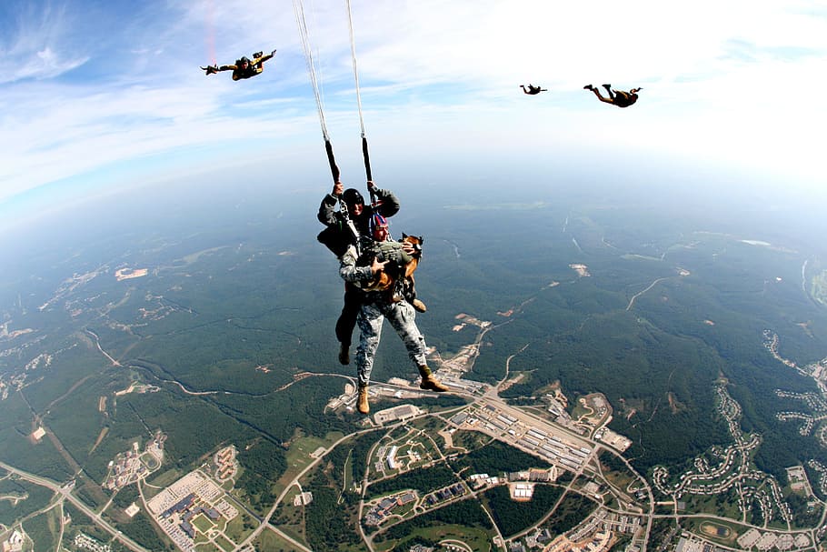 people, parachuting, sky, daytime, Tandem, Skydivers, Teamwork, tandem skydivers, cooperation, parachute