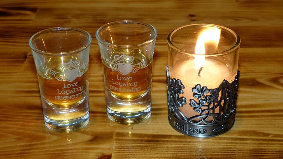 whisky, štamprla, candle, candlestick, fire, ireland, heart, glass, table, indoors