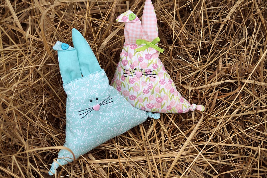 easter, easter bunny, stuffed animals, pillow, easter figures, happy easter, figures, sewn, blue, pink