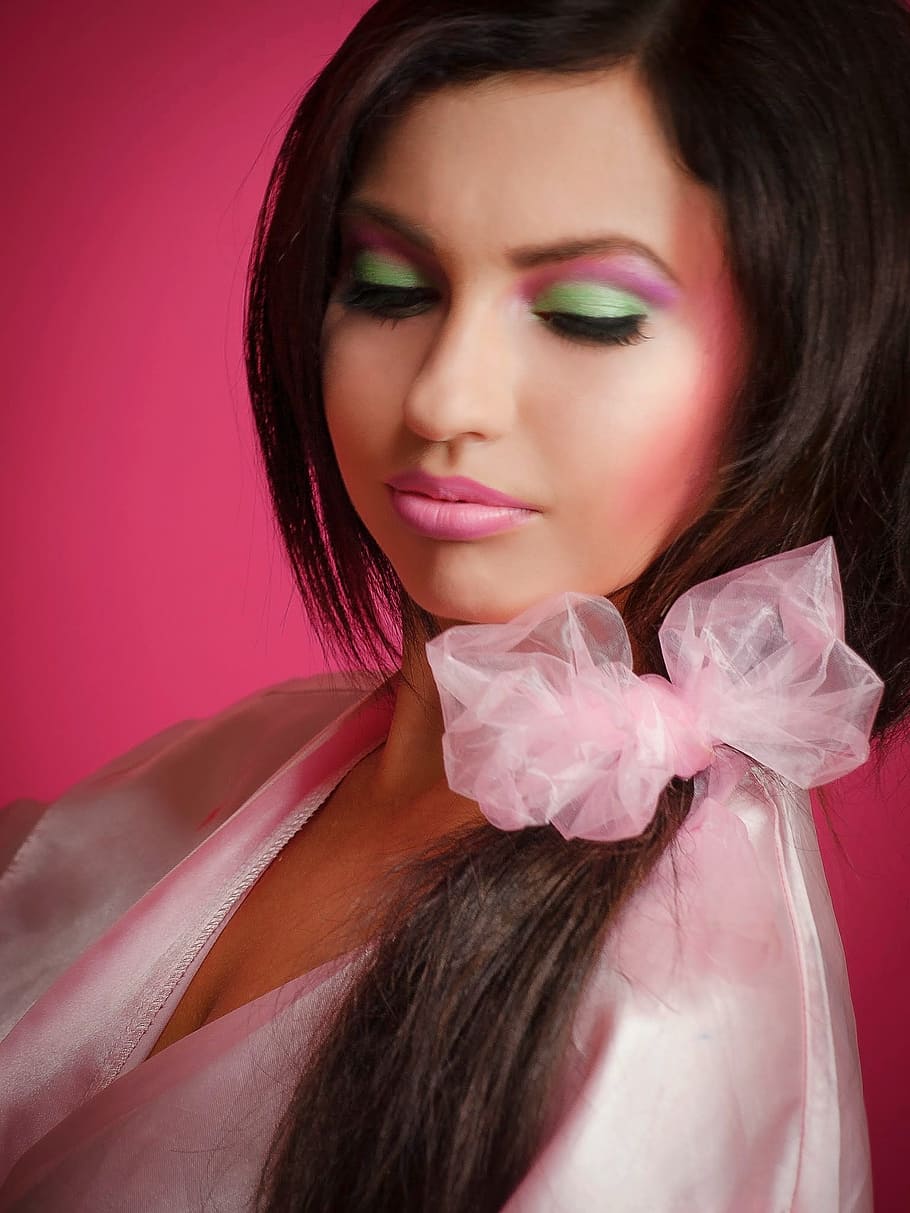 woman, wearing, pink, v-neck shirt photo, barbie girl, brunette, barbie, portrait, bow in hair, beauty