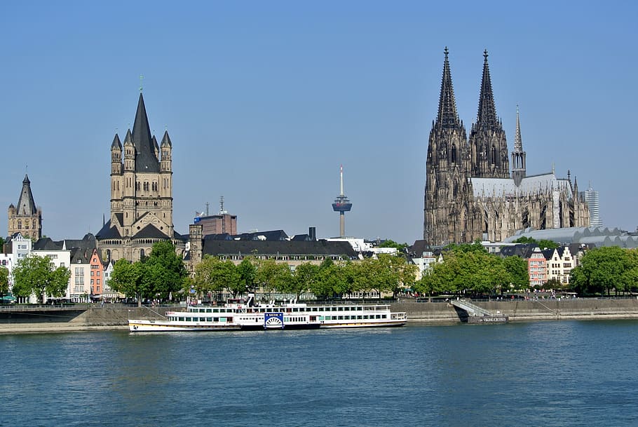 white, ship, brown, grey, building, daytime, cologne, rhine, dom, cologne cathedral