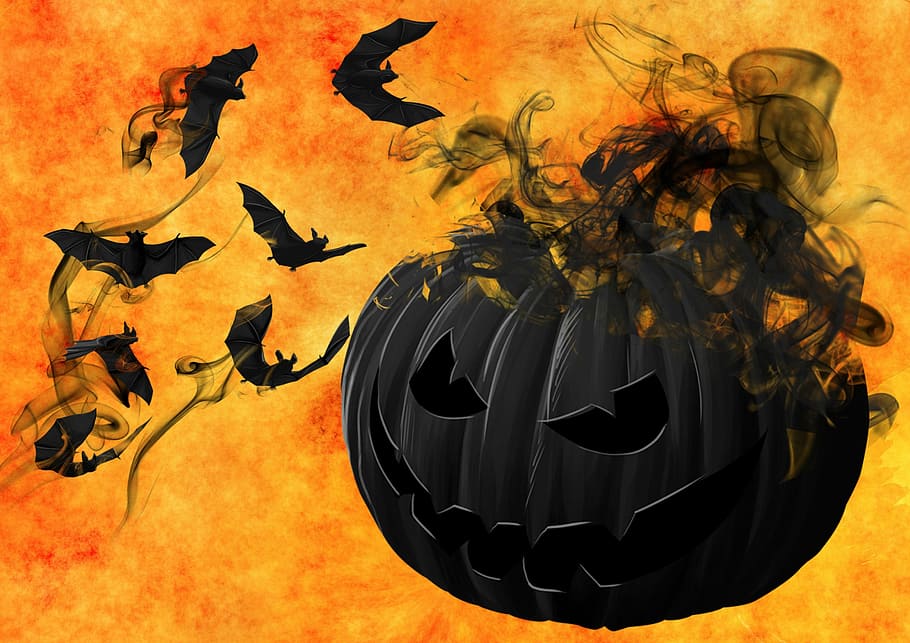 Evil, Black, Halloween Pumpkin, Bats, photos, halloween, haunted, jack-o-lantern, public domain, smoke