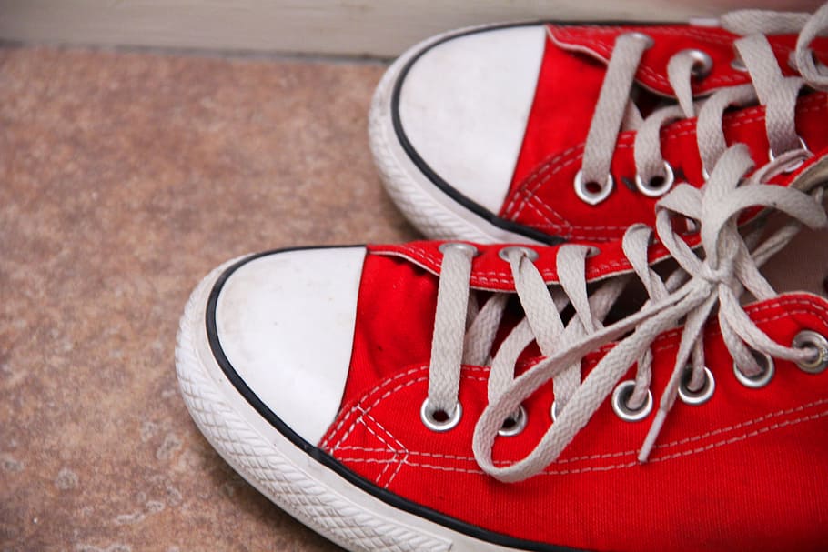 red, converse, shoes, close-up, shoe, wood - material, indoors, high angle view, shoelace, focus on foreground