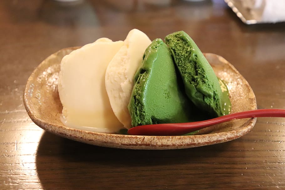 ice, matcha green tea, dessert, sweet, delicious, japan, spoon, sweetness, food, cafe