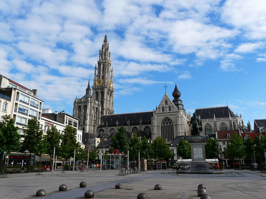old city, square, antwerp, belgium, cathedral, groenplaats, building exterior, architecture, built structure, sky