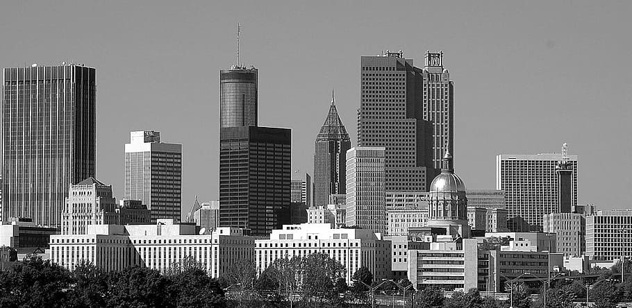 grayscale photo, high-rise, buildings, atlanta, georgia, city, cityscape, downtown, architecture, landmark